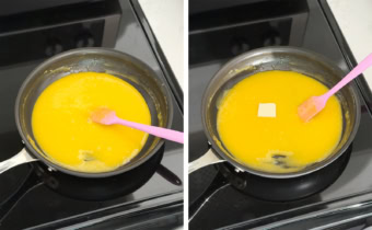 Left: cooking lemon curd in a pan on a stovetop. Right: a cube of butter in a pan of lemon curd.