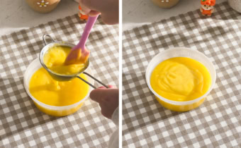 Left: straining lemon curd through a sieve into a container. Right: lemon curd in a container.