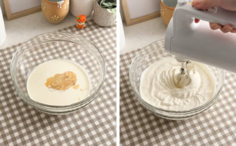 Left: whipping cream and vanilla extract in a mixing bowl. Right: beating whipped cream with a hand mixer.