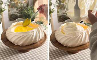 Left: spreading lemon curd in a baked pavlova with a spoon. Right: pouring whipped cream into a pavlova.