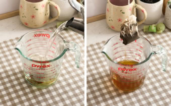 Left: pouring hot water over tea bags in a measuring cup. Right: steeped tea dripping off of tea bags.