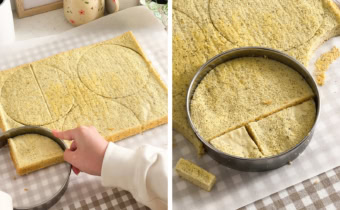 Left: cutting out circles from a cake sheet with a round cutter. Right: three pieces of cake jigsawed into a round cookie cutter.