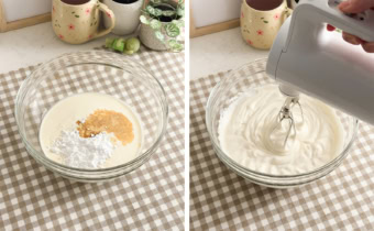 Left: whipping cream, sugar, and vanilla extract in a mixing bowl. Right: whipping cream with a hand mixer.
