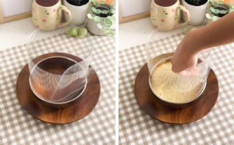 Left: a cake ring and acetate cake collar on a wooden plate. Right: hand placing a layer of cake into cake collar.