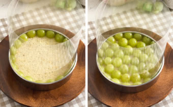 Left: grapes arranged around the outer edge of a cake layer. Right: grapes halves arranged across a cake layer.