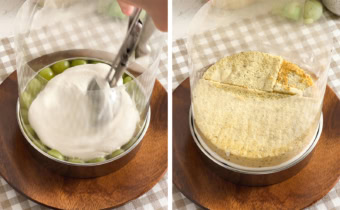 Left: spreading whipped cream on top of a grape layer. Right: cake pieces arranged into cake collar.