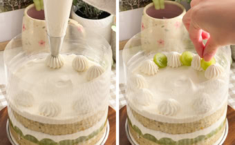 Left: piping whipped cream dollops on top of a cake. Right: hand placing grape halves on top of a cake.