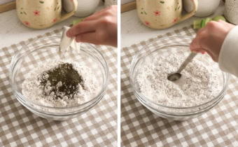 Left: pouring loose tea leaves into a bowl of flour. Right: stirring flour mixture with a spoon.