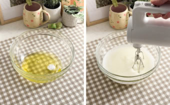 Left: egg whites and cream of tartar in a mixing bowl. Right: beating egg whites until foamy with a hand mixer.