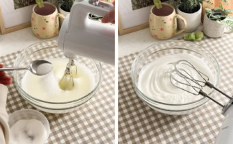 Left: sprinkling sugar from a spoon into a bowl of egg whites while mixing with a hand mixer. Right: meringue with stiff peaks on a hand mixer attachment.