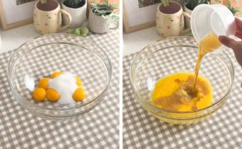 Left: egg yolks and sugar in a mixing bowl. Right: pouring steeped tea into egg yolk mixture.