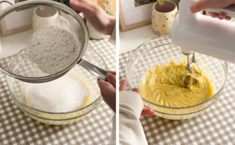 Left: sifting flour mixture into egg yolk mixture with a sieve. Right: mixing egg yolk mixture with a hand mixer.