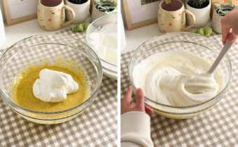 Left: dollops of egg white meringue added to a bowl of egg yolk mixture. Right: folding meringue into egg yolk mixture with a spatula.