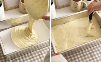 Left: pouring cake batter into a rectangular pan. Right: spreading cake batter into a pan with an offset spatula.