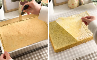 Left: hand sliding an offset spatula around the edges of a cake. Right: hand peeling parchment paper off of a baked cake sheet.