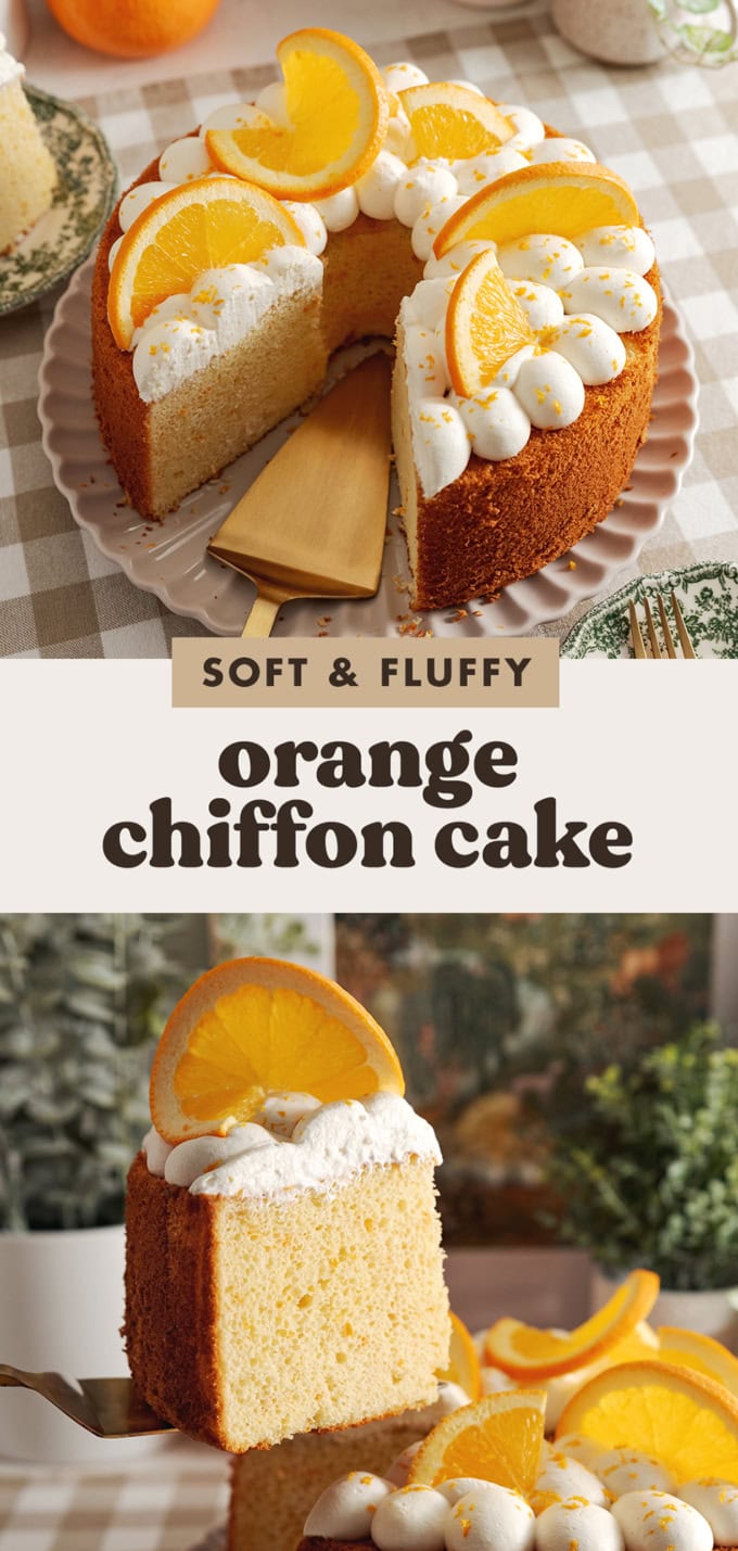 Two images of an orange chiffon cake with a text overlay that says "soft and fluffy orange chiffon cake".