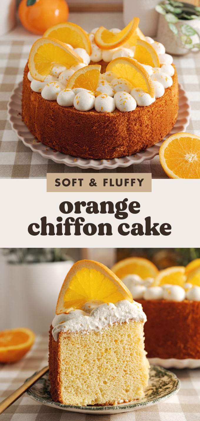 Two images of an orange chiffon cake with a text overlay that says "soft and fluffy orange chiffon cake".