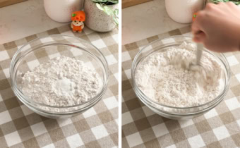 Left: a bowl of flour. Right: stirring a flour mixture with a spoon.
