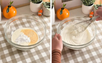 Left: ingredients for whipped cream in a mixing bowl. Right: whisking whipped cream in a mixing bowl.