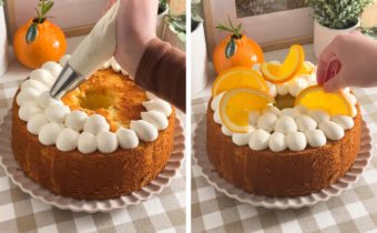 Left: piping dollops of whipped cream on top of a cake. Right: hand placing an orange slice on top of a cake.
