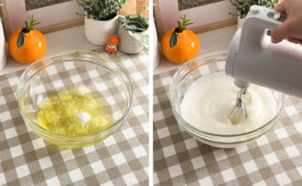 Left: egg whites in a mixing bowl. Right: beating egg whites until foamy with a hand mixer.
