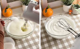 Left: sprinkling a spoonful of sugar into a bowl of egg whites while mixing with a hand mixer. Right: stiff peaks of egg whites on the whisk attachment of a hand mixer.