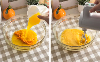 Left: pouring orange juice into a bowl of egg yolks. Right: mixing an egg yolk mixture with a hand mixer.