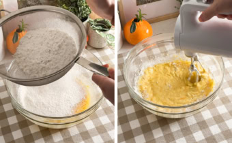 Left: sifting flour into a mixing bowl. Right: mixing flour into egg yolk mixture with a hand mixer.