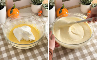 Left: a dollop of egg white meringue in a bowl of egg yolk mixture. Right: folding chiffon cake batter together with a spatula.