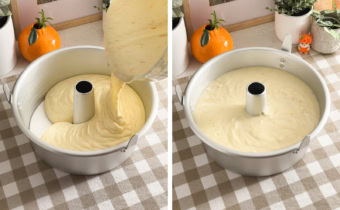 Left: pouring cake batter into a tube pan. Right: a tube pan filled with cake batter.
