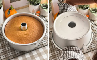 Left: a golden brown chiffon cake in a pan after baking. Right: flipping a cake pan upside down on a wire rack.