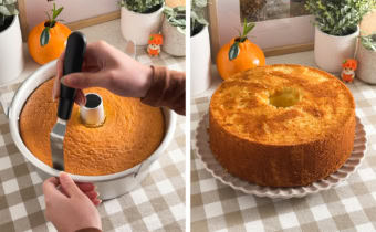 Left: running an offset spatula around the edges of a cake pan. Right: a baked chiffon cake on a plate.