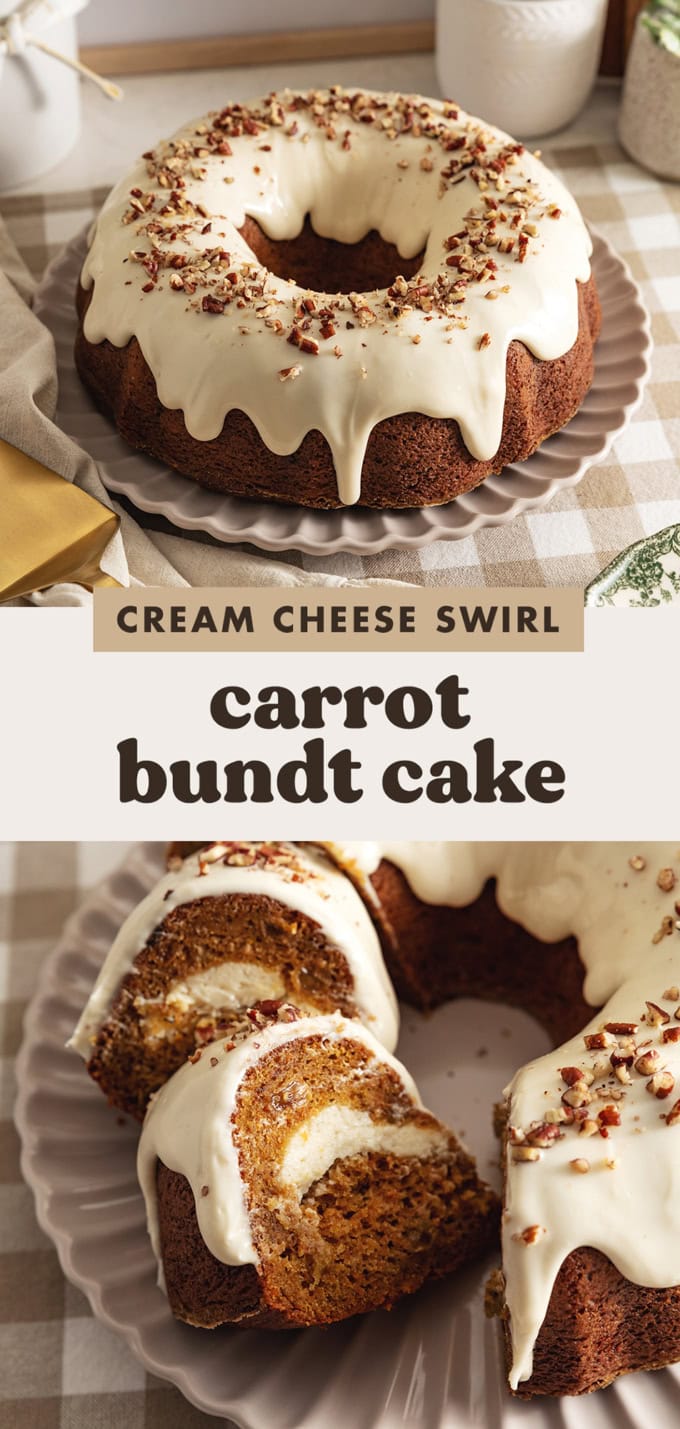 Two images of a carrot bundt cake with a text overlay that says "cream cheese swirl carrot bundt cake".