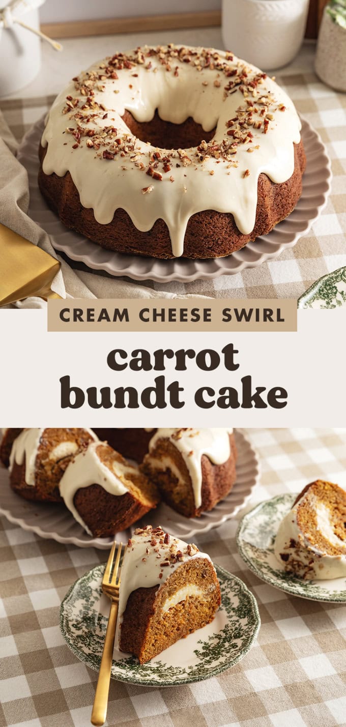 Two images of a carrot bundt cake with a text overlay that says "cream cheese swirl carrot bundt cake".