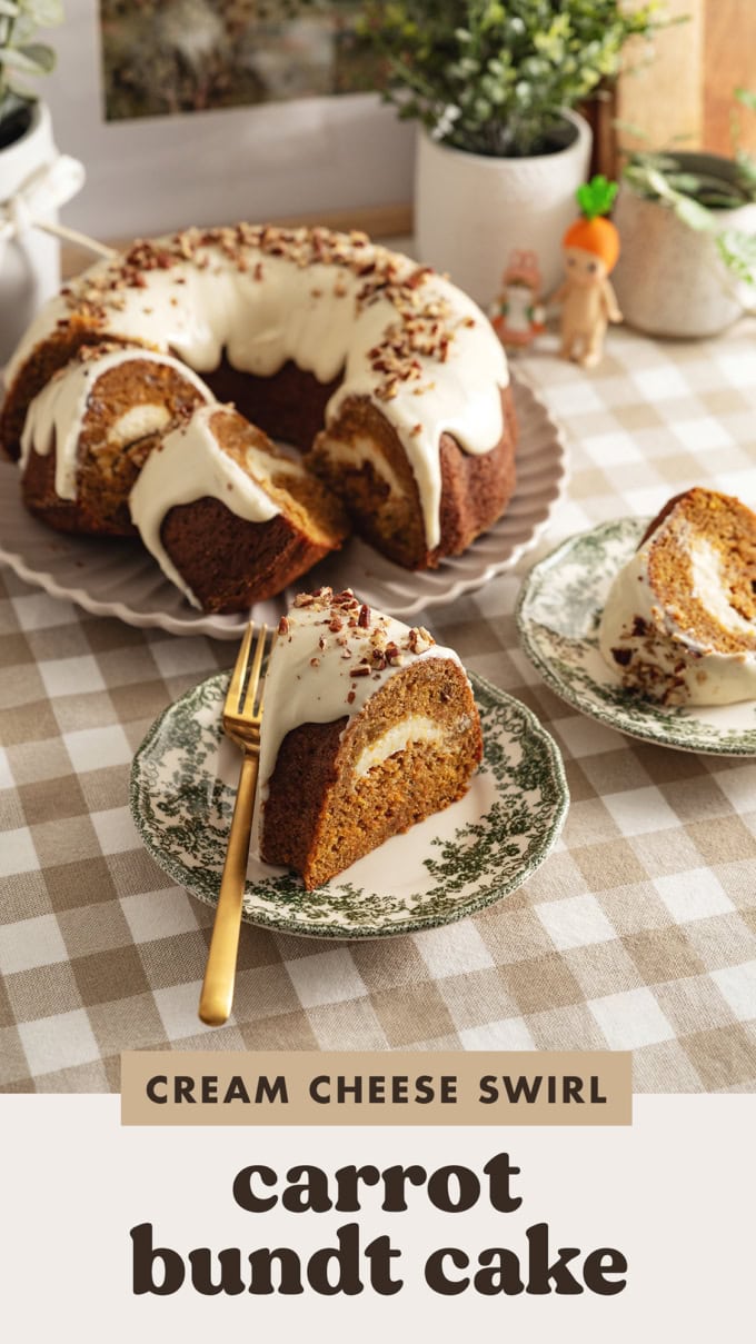 Two slices of carrot bundt cake on plates with the rest of the cake in the background.