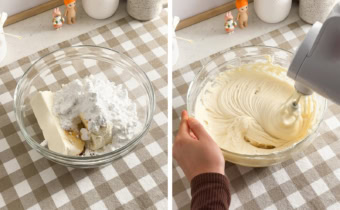 Left: Cream cheese and sugar in a mixing bowl. Right: Mixing cream cheese filling with a hand mixer.