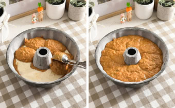 Left: Dropping a scoop of cake batter on top of cream cheese layer. Right: A bundt pan filled with carrot cake batter.
