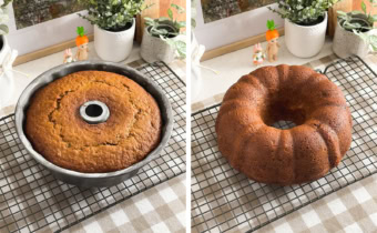 Left: A baked carrot cake in a bundt pan. Right: A baked and unfrosted carrot bundt cake on a wire rack.