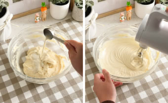 Left: Hand pouring a spoonful of milk into a bowl of cream cheese frosting. Right: Mixing cream cheese frosting with a hand mixer.