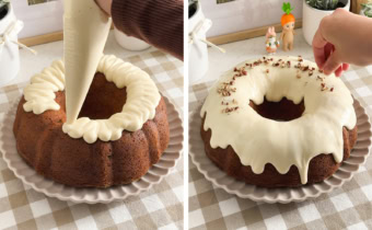 Left: Piping cream cheese frosting on top of a bundt cake. Right: Hand sprinkling crushed pecans on top of a frosted bundt cake.