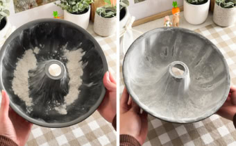 Left: Flour in a greased bundt pan. Right: Hands holding a greased and floured bundt pan.