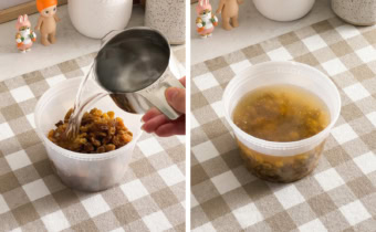 Left: Pouring water into a container of golden raisins. Right: Golden raisins soaking in water.