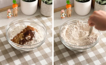 Left: Dry ingredients in a bowl. Right: Hand stirring dry ingredients together with a spoon.