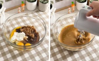 Left: Eggs, sugar, and yogurt in a mixing bowl. Right: Mixing an egg mixture together with a hand mixer.