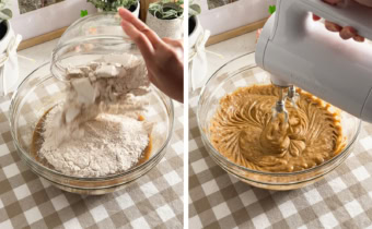 Left: Pouring a bowl of flour into a bowl of wet ingredients. Right: Mixing cake batter with a hand mixer.