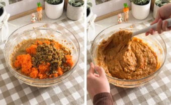 Left: Shredded carrots and raisins in a bowl on top of cake batter. Right: Folding shredded carrots and raisins into cake batter with a spatula.