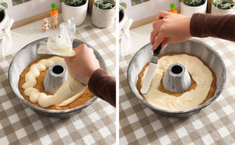 Left: Hand squeezing cream cheese filling onto cake batter layer from a piping bag. Right: Smoothing cream cheese filling with an offset spatula.