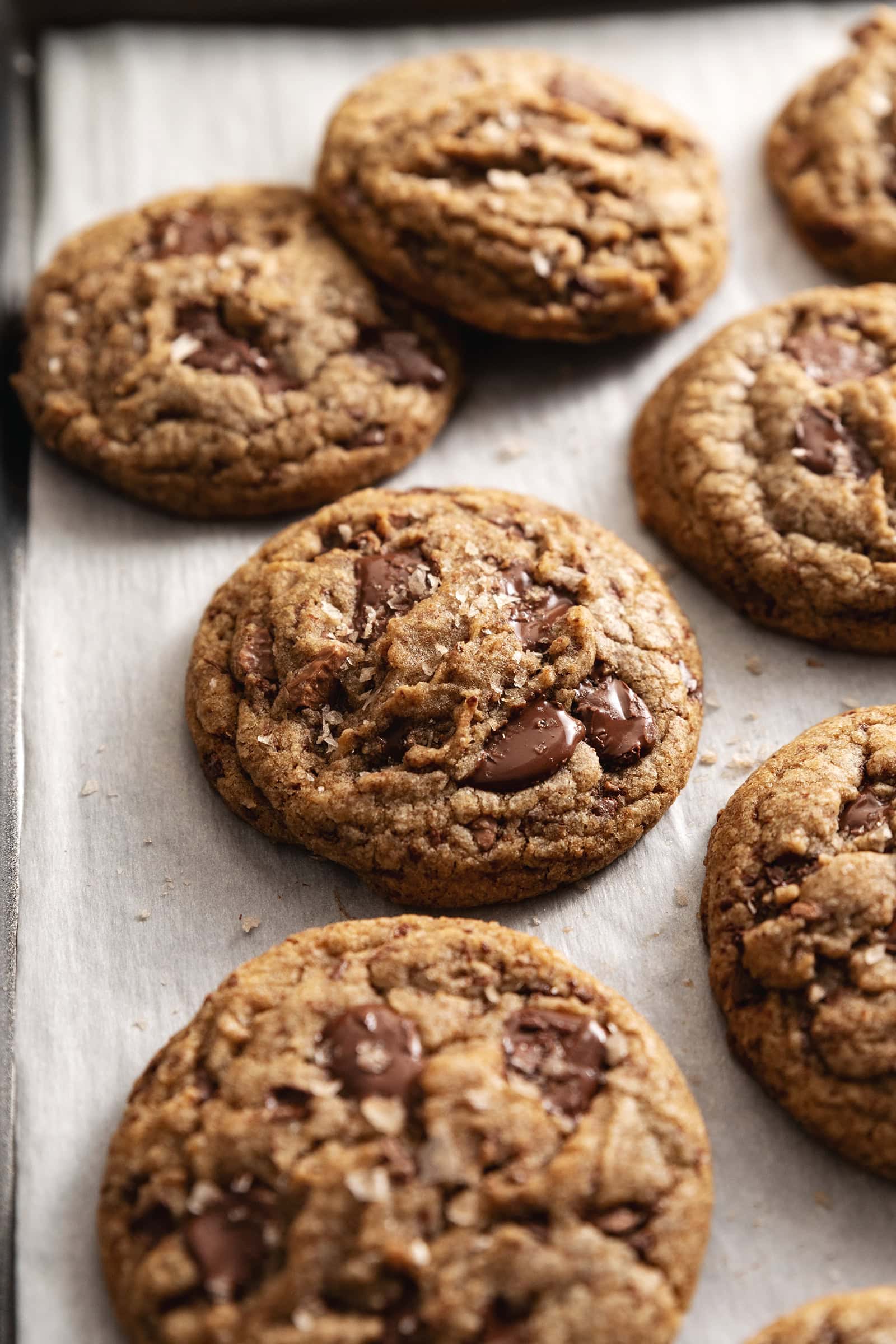 Espresso chocolate chip cookies scattered on parchment paper on a baking tray.
