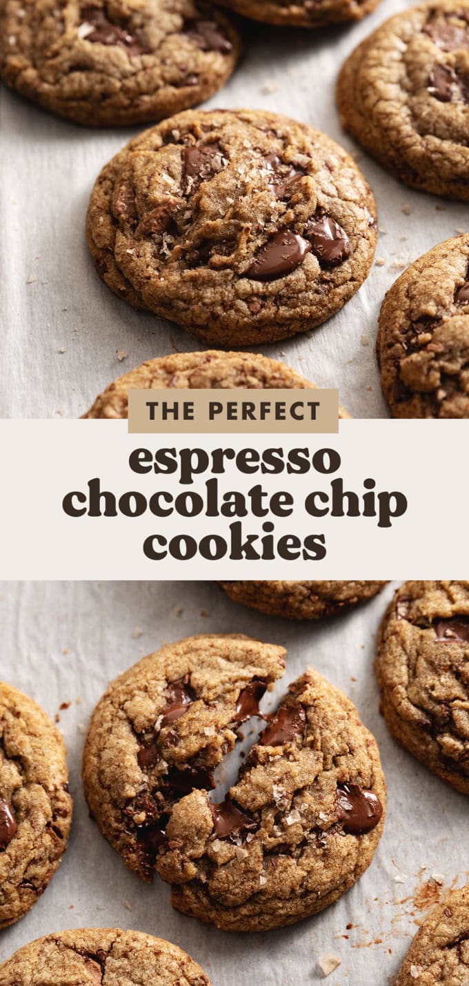 Two images of espresso chocolate chip cookies with a text overlay that says "the perfect espresso chocolate chip cookies".