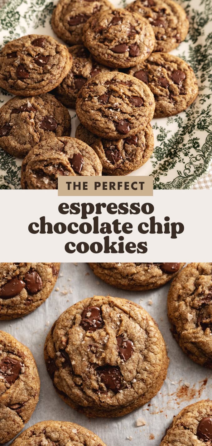 Two images of espresso chocolate chip cookies with a text overlay that says "the perfect espresso chocolate chip cookies".